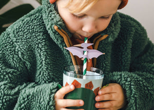 Kid using Green & White Striped Pterodactyl Paper Straw | Vtaux